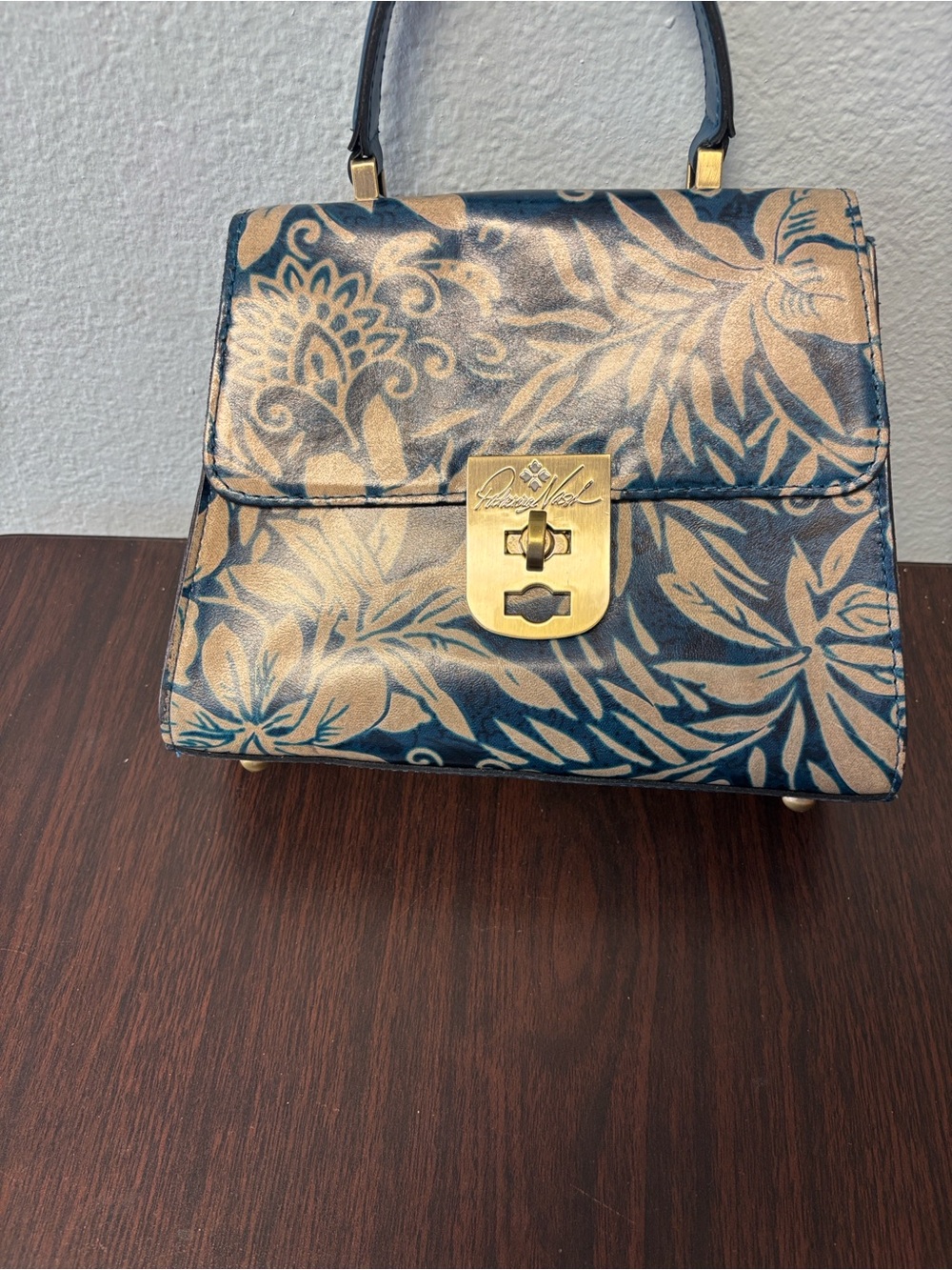 Patricia Nash Navy and Gold Floral Top-Handle Satchel